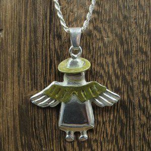 24" Sterling Silver Worn Tarnished Angel Pendant Necklace Vintage